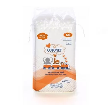 Cotonet 60 Coton carrés pour bébé, siège, visage et main.
