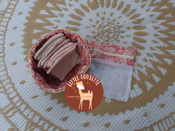 Lot de 10 lingettes lavables en tissu éponge biologique non blanchi + panière 100% coton+ pochon de lavage