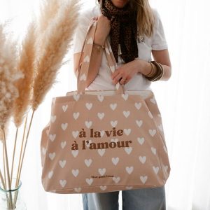 Cabas XXL Coeur Beige nude À LA VIE À L&rsquo;AMOUR