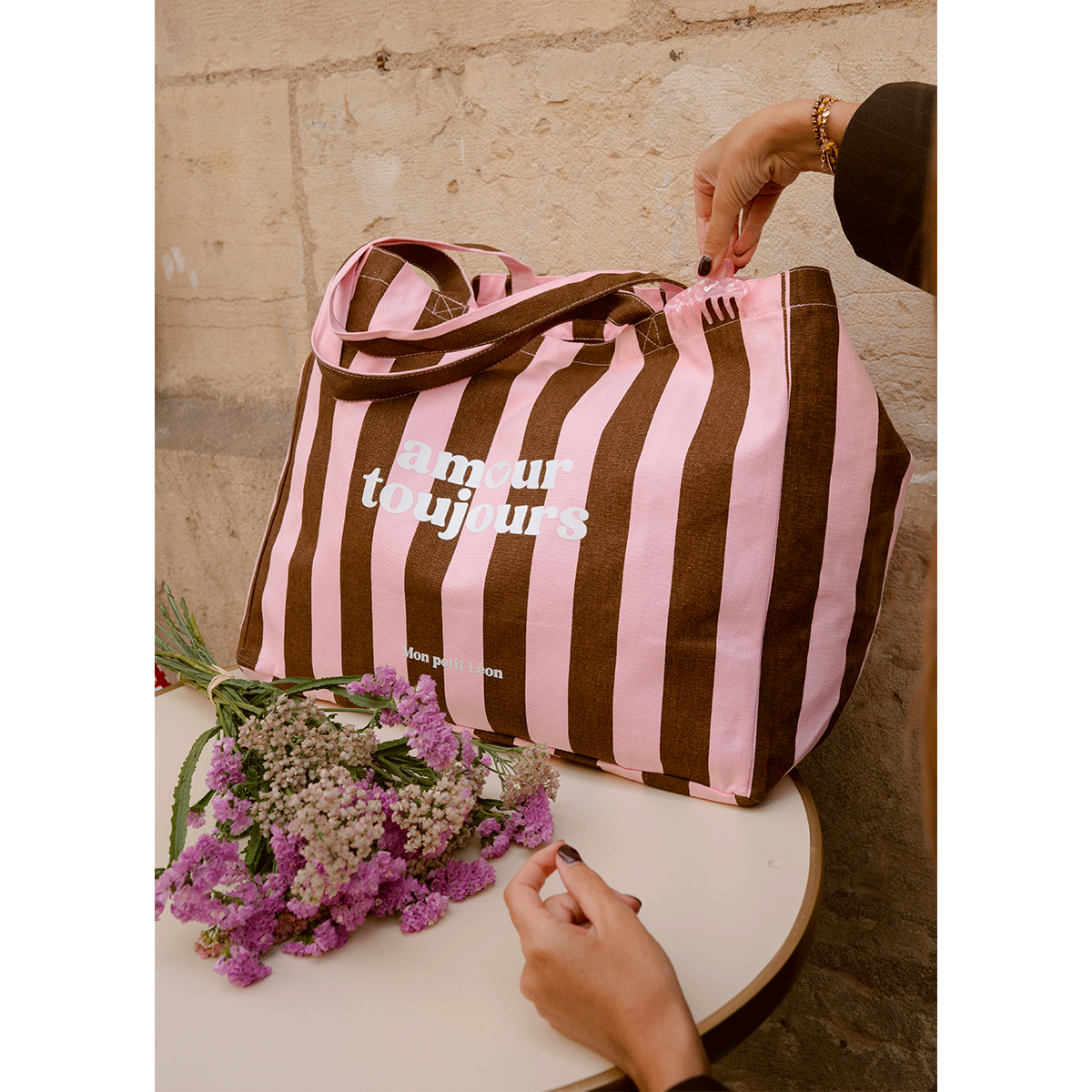 Cabas XXL rayures marron et rose amour toujours – Image 2