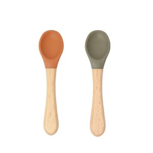 Lot de 2 cuillères bébé silicone et bois _ Camel/Sauge