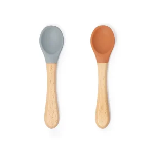 Lot de 2 cuillères bébé silicone et bois Gris perle/Camel