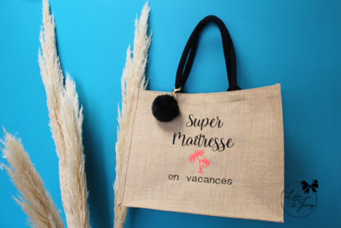 Cabas en toile de jute – Beige anses roses – Image 2