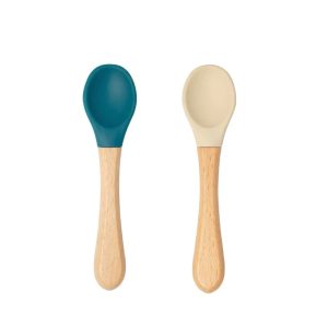 Lot de 2 cuillères bébé silicone et bois _ Bleu nuit/Ivoire