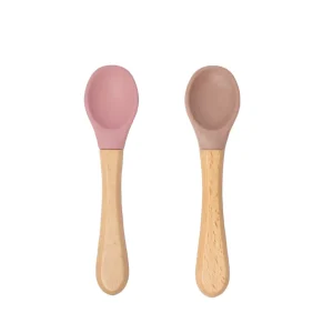 Lot de 2 cuillères bébé silicone et bois Vieux rose/Taupe