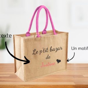 Cabas en toile de jute – Beige anses roses