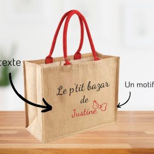 Cabas en toile de jute – Beige anses rouges