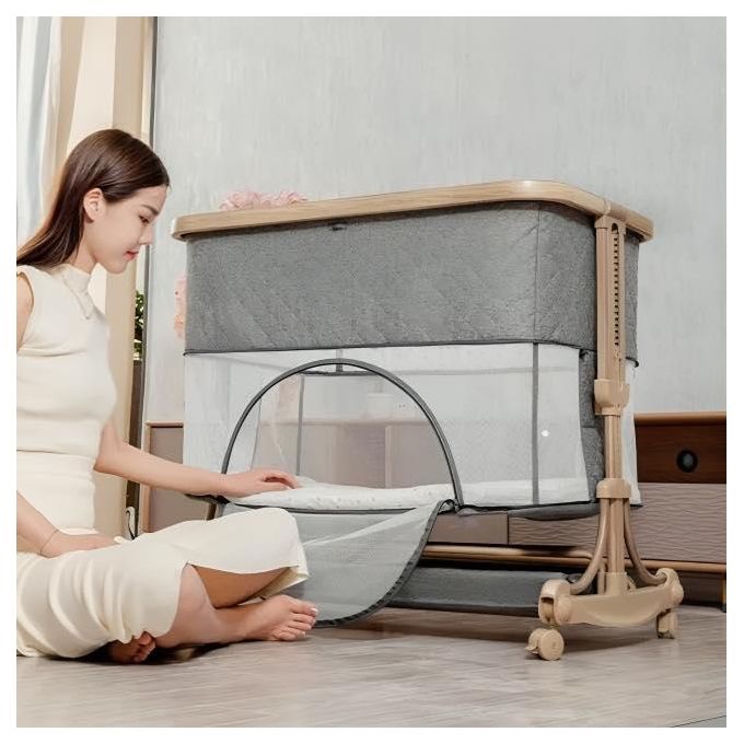 Lit Bébé Cododo,3 en 1 Berceau bébé avec épaissir Matelas Souple et Plaque de Base du Parc,Hauteur Réglable, Fenêtres en Filet, Roues – Image 7