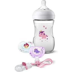 Coffret Biberon Philips Avent Natural 260ml + 2 Sucettes + Attache-Sucette, Motif Licorne