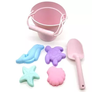 Jouets de plage en silicone (seau, pelle et 4 accessoires) – rose